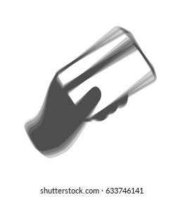 Hand holding a credit card. Vector. Gray icon shaked at white background.