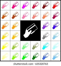 Hand holding a credit card. Vector. Felt-pen 33 colorful icons at white and black backgrounds. Colorfull.