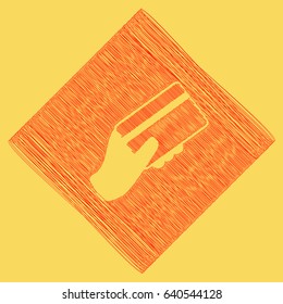 Hand holding a credit card. Vector. Red scribble icon obtained as a result of subtraction rhomb and path. Royal yellow background.