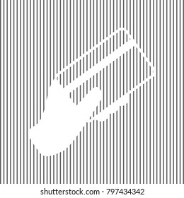 Hand holding a credit card. Vector. White icon on grayish striped background. Optical illusion.