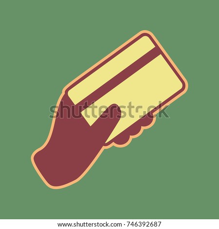 Hand holding a credit card. Vector. Cordovan icon and mellow apricot halo with light khaki filled space at russian green background.