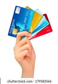 Hand holding credit cards. Vector illustration. 