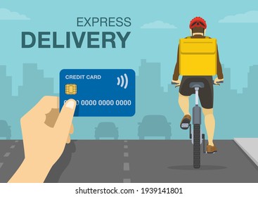 Hand holding a credit or debit card. Cashless payment. City cyclist courier on bicycle with yellow parcel box on the back delivering food. Flat vector illustration template.