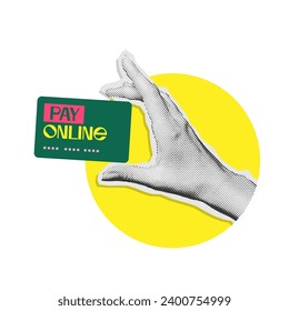 Hand holding credit or debit card - pay online. Colorful halftone mixed media style design. Merry Christmas collage paper sticker.