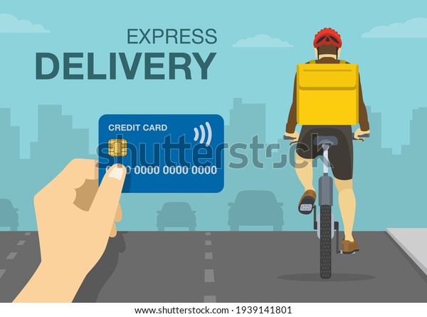 Hand holding a\
credit or debit card. Cashless payment. City cyclist courier on\
bicycle with yellow parcel box on the back delivering food. Flat\
vector illustration\
template.