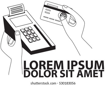 Hand holding credit terminal and pushing credit card in to it. Using credit terminal concept. Flat style

