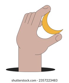 Hand holding crescent moon flat line color isolated conceptual clipart. Esoteric magic astrology. Editable vector object on white background. Simple outline cartoon spot illustration for web design