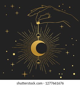 Hand holding crescent moon. Vector illustration in boho style.