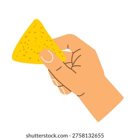 hand holding a crispy nacho chip, close-up snack concept, crunchy tortilla chip, finger food, fast food, minimal composition - vector illustration