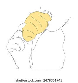 Hand holding Croissant Bagel Bun Сontinuous line drawing Black on white single line Trendy minimalistic style Vector illustration