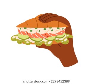 Cruasán a mano, sándwich francés con salmón y lechuga. Sabrosa comida rápida para el desayuno y el almuerzo. Aperitivo con pescado rojo, queso crema. Ilustración vectorial plana aislada en fondo blanco