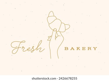 Hand holding croissant with lettering fresh bakery drawing in linear style on beige background