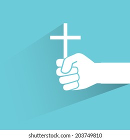 hand holding cross, blue background, flat and shadow theme