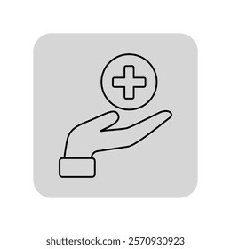 Hand holding cross line icon. Medical outline sign. Medicine, treatment, healthcare concept. Vector illustration, symbol element for web design and apps