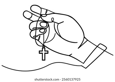 A hand holding a cross necklace. Continuous one line drawing, Vector illustration