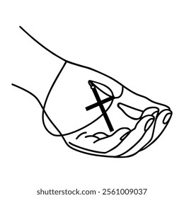 A hand holding a cross necklace. Continuous one line drawing, Vector illustration