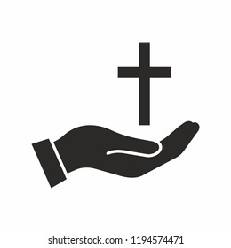 Hand holding cross. Religion vector icon.