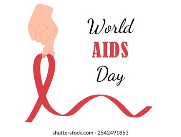 Hand holding crossed red ribbon as a symbol of world AIDS Day at 1st December. Awareness of AIDS disease poster. Hand drawn vector illustration in flat style. Medicine web banner, health care