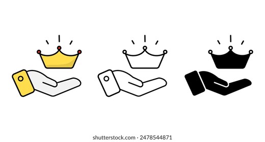 Hand holding crown icons set, premium quality symbol isolated background, silhouette icon, winner flat simple infographics design template. vector illustration.