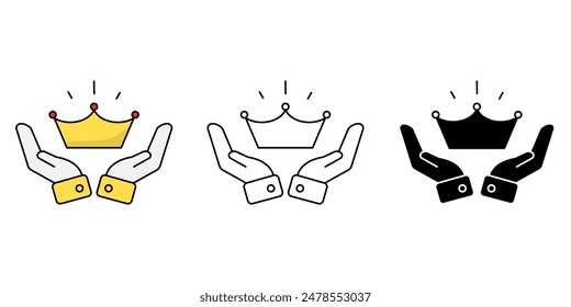 Hand holding crown icons set, premium quality symbol isolated background, silhouette icon, winner flat simple infographics design template. vector illustration.