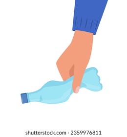 Hand holding crumpled plastic bottle. Hand throws plastic bottle into trash can. Plastic waste. Trash sorting, recycling. Vector illustration