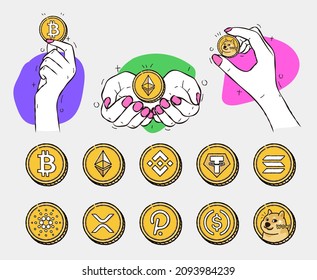 Hand holding Crypto Currency coin Free Vector set