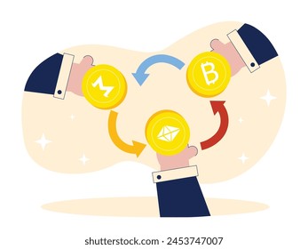Hand holding cryptocurrency coins, electronic exchange. Character design. Vector flat illustration