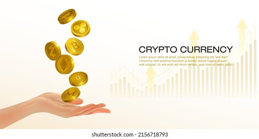 Criptodivisa de mano, Monedas de oro, bitcoin, etéreo, dinero digital, negocios, inversión, cartel de fondo de ilustración de vector