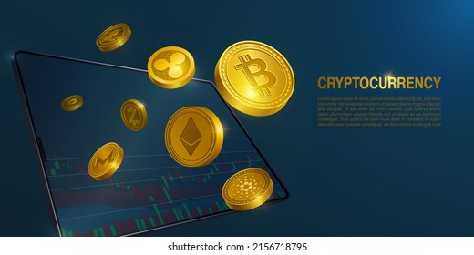 Hand Holding Cryptocurrency, Gold Coins, Bitcoin, Ethereum, Digital Money, Business, Investment, Vector Illustration Background Banner