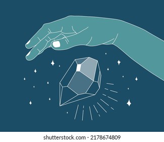 Hand Holding Crystal Gem Outline Illustration. Magic Crystal Concept. Modern Vector Illustration. Transparent Line Art Gem With Stars. Minimalistic Design For Web.