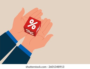 Hand holding cube block with percentage icon. Crisis monetary policy number below zero growth. Interest, financial and mortgage rates. Modern vector illustration in flat style. - Powered by Shutterstock - Get 15% off with code: PIKWIZARD15