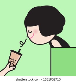 Hand Holding A Cup Of Bubble Milk Tea To Offer It A Girl Concept Card Character illustration