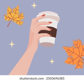 
Hand holding a cup of coffee, autumn cozy drink, cinnamon latte icon, paper disposable cup with milk cream vector illustration, coffee to go. Vector illustration for autumn