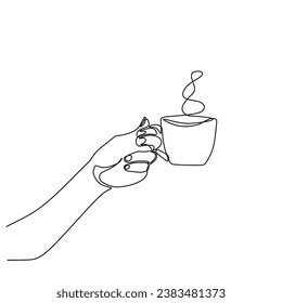 Hand holding cup of coffee. Continuous one line drawing. Coffee time concept. Vector illustration isolated. Minimalist design handdrawn.