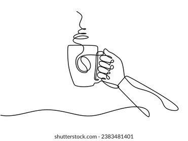 Hand holding cup of coffee. Continuous one line drawing. Coffee time concept. Vector illustration isolated. Minimalist design handdrawn.