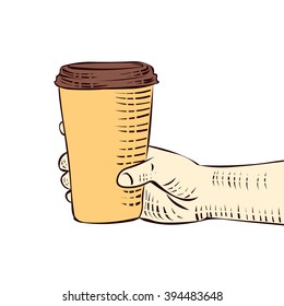 Hand holding cup of coffee. Coffee to go sign. Hand drawn vector illustration.