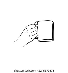 mano sujetando un icono de una taza de café, línea de arte de la mano sujetando una taza de café