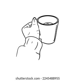 mano sujetando un icono de una taza de café, línea de arte de la mano sujetando una taza de café