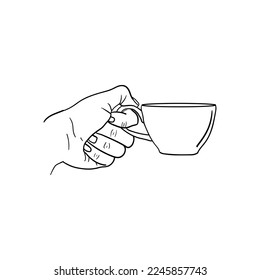 mano sujetando un icono de una taza de café, línea de arte de la mano sujetando una taza de café