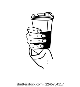 hand holding a cup of coffee icon, hand drawn line art of hand holding a cup of coffee