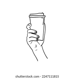 hand holding a cup of coffee icon, hand drawn line art of hand holding a cup of coffee