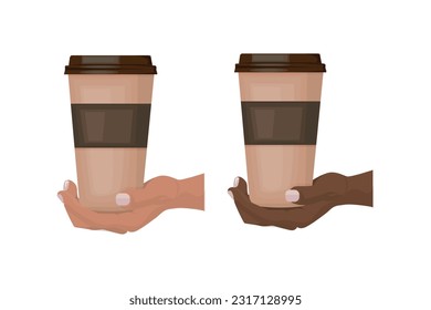 Hand, die eine Tasse Kaffee hält einzeln auf weißem Hintergrund, Vektorgrafik