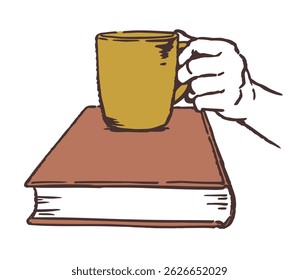 A hand holding a cup of coffee on a book. Vector sketch illustration.