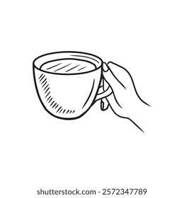 Hand holding cup of coffee, with steam in black isolated on white background. Hand drawn vector sketch illustration in doodle engraved vintage line art style. Cafe, ready to go, take and go