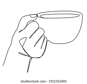 Hand holding cup of Coffee Tea Beverage Drink Сontinuous line drawing Black on white single line Vector illustration