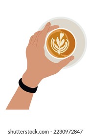 Hand holding cup of coffee top view. Brewing or pouring espresso, coffee, cappuccino or cacao direct above. Flat vector cartoon realistic illustration isolated on white background.