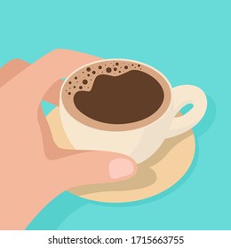 Mano sosteniendo una taza de café. Ilustración vectorial en estilo plano.