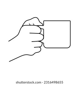 Hand holding a cup of coffee. Vector outline icon isolated on white background.