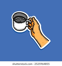 mano que sostiene una taza de café, taza de café en estilo de la etiqueta engomada del diseño de la Ilustración vectorial de la mano aislado en un fondo azul