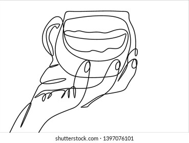 Hand holding cup continuous line drawing